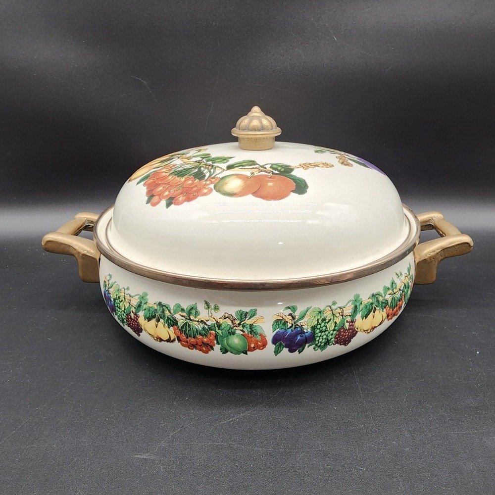 Tabletops Unlimited 10in White Fruit Enamel Casserole Dish Lid Vintage Cookware